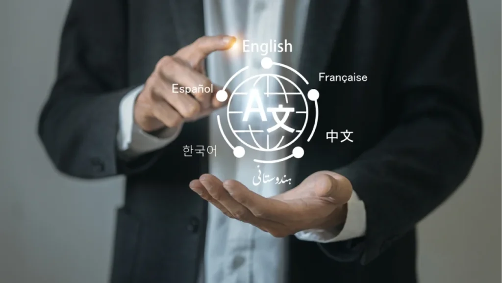 A person in a business suit interacts with a digital multilingual interface.
