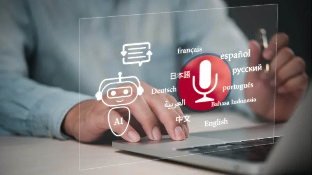 AI-powered chatbot interface with multilingual speech recognition icons.