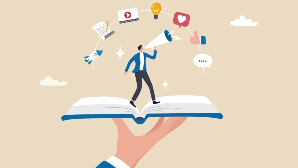 young man on opening book telling story on megaphone