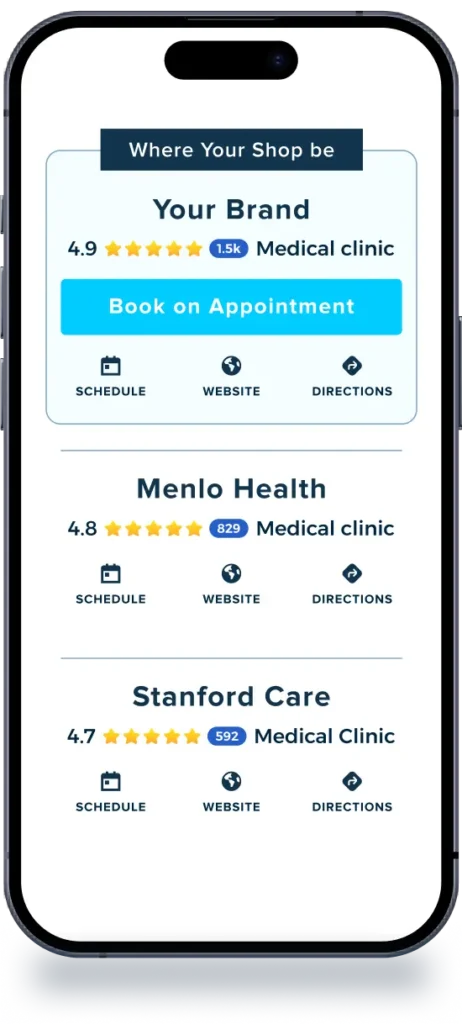 phone screen showing multiple healthcare practices and reviews