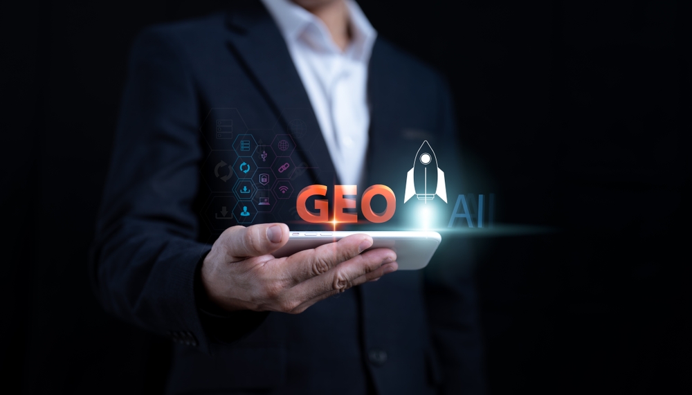 A businessman uses the screen of his smartphone to access search results