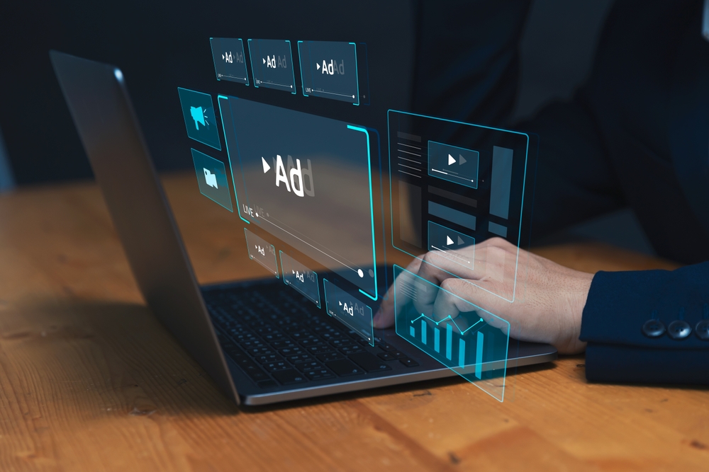 Video content advert Digital marketing concepts, using laptop watching live stream online advertisements on platform