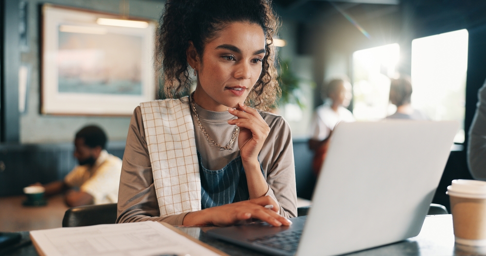 Business owner, thinking and woman in restaurant