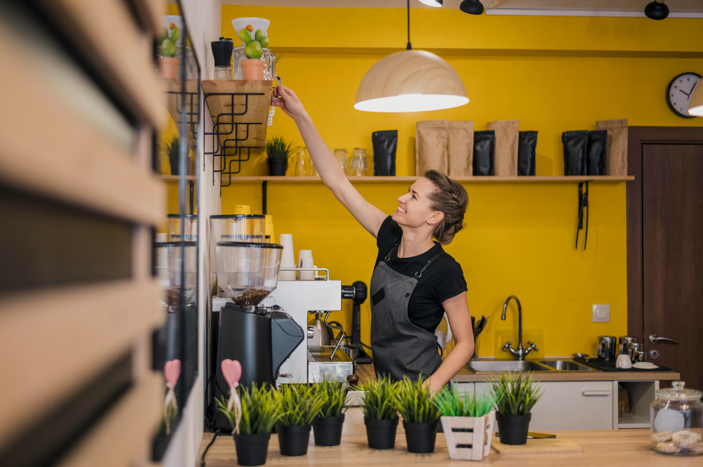 A woman wearing a black apron places various plants on a shelf