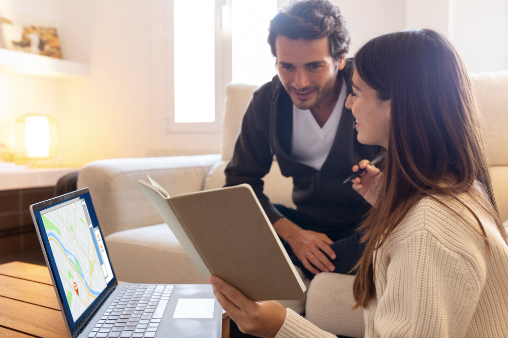 couple looking at tablet and laptop with google maps