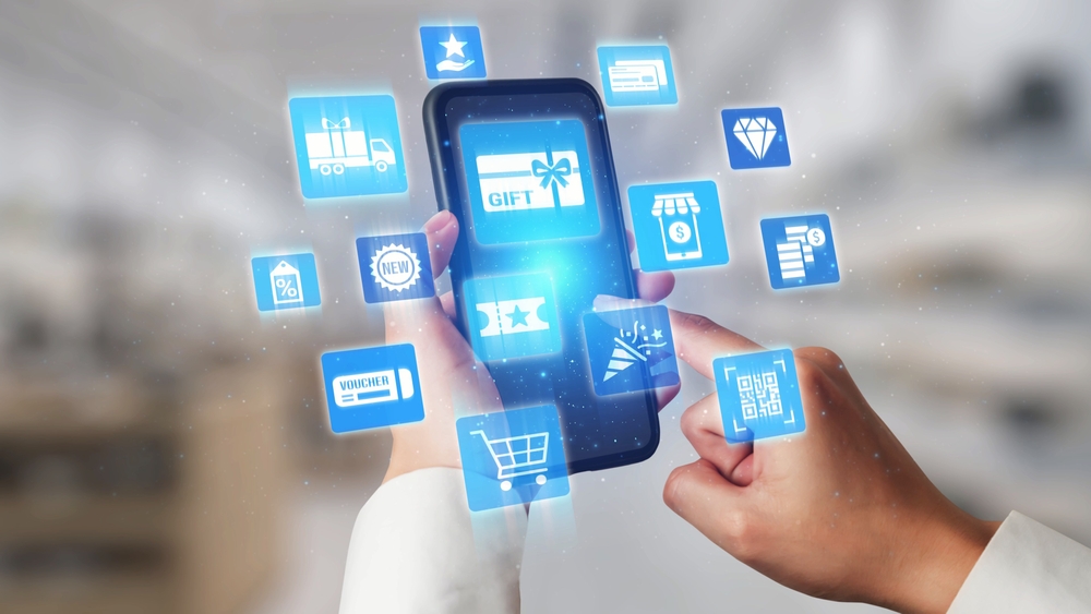 Digital gift card icons show e-commerce, payment, and digital gift card redemption.