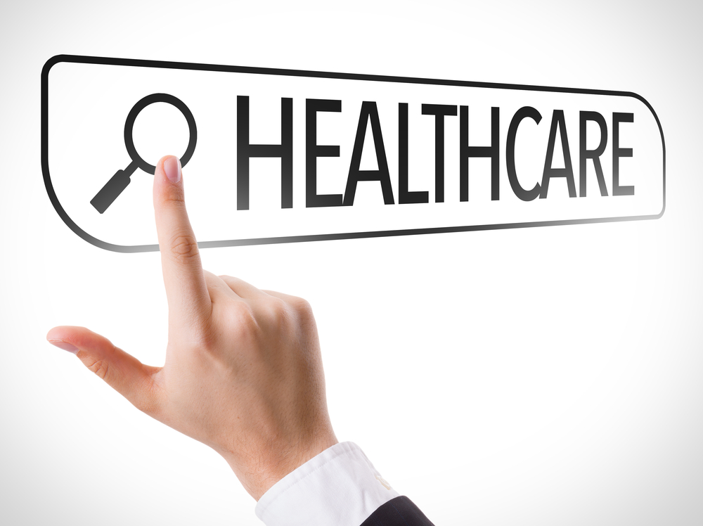 Healthcare written in search bar on virtual screen