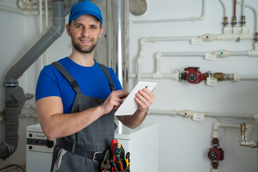 Young worker in a protective suit uses a tablet while checking the boiler equipment in the house.