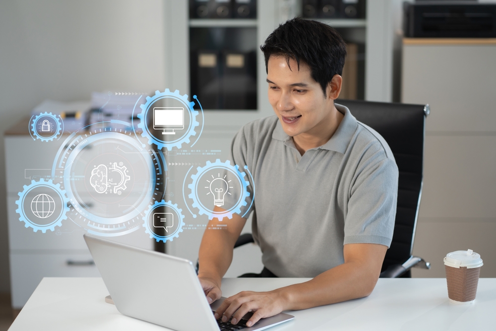 A man learning online working concept.