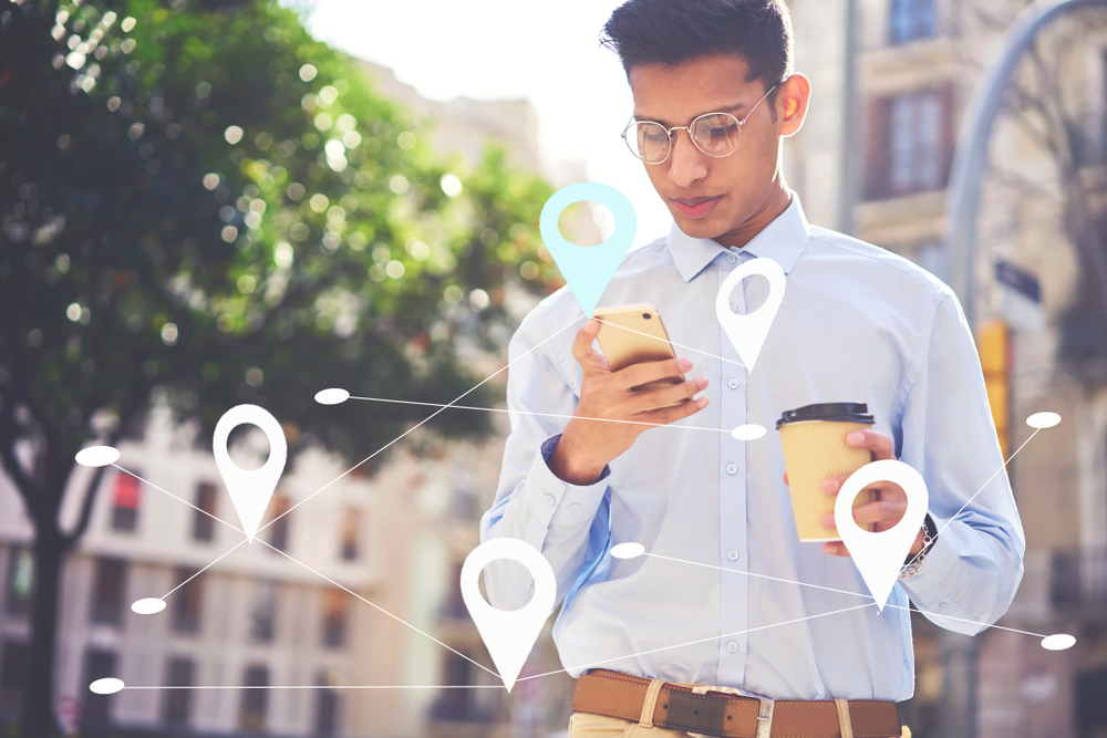 Maps application for smartphone. Infographics tags with virtual map