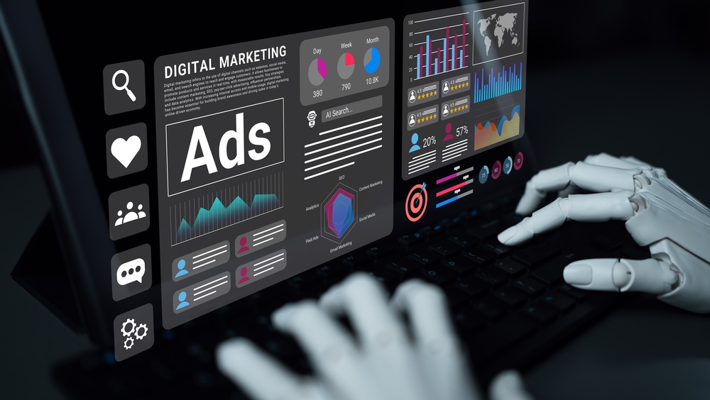 A robotic hand interacts with a keyboard while displaying a vibrant digital