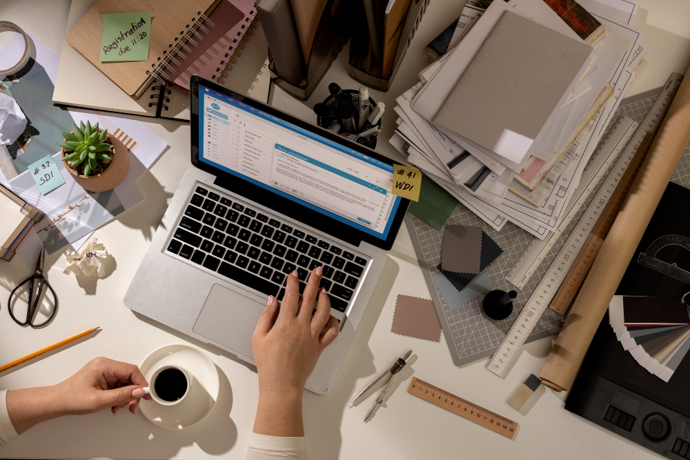 View of messy office workspace with laptop device