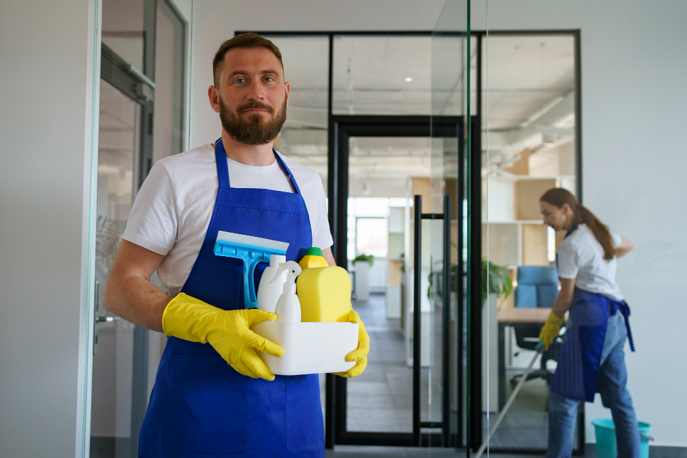 View of professional cleaning service person holding supplies