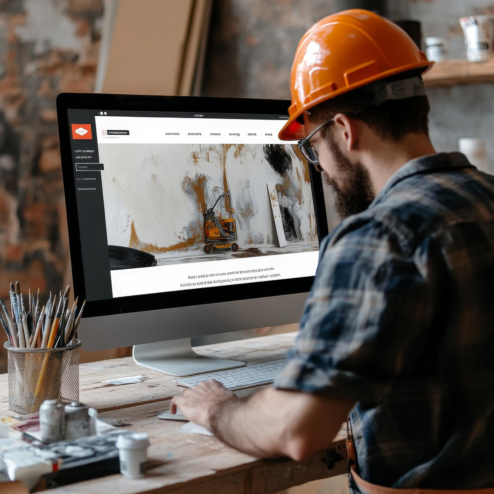 A man wearing an orange hard hat sits at a computer