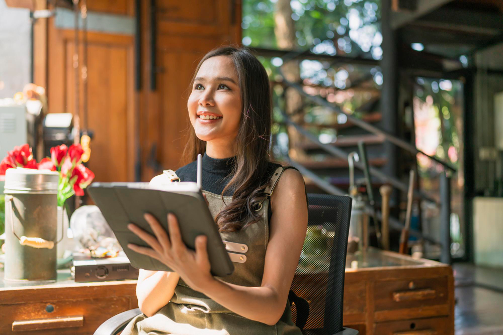 Asian female adult creative designer happiness thinking