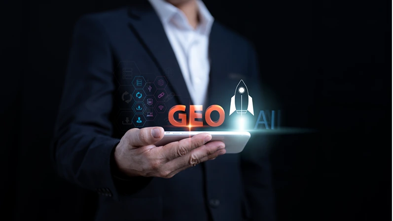 A businessman uses the screen of his smartphone to access search results from the internet using generative engine optimization. copy the text's spacing.