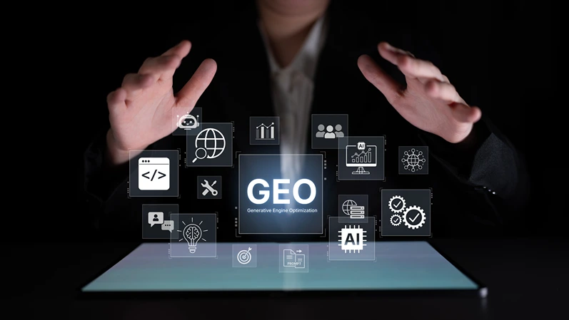 Digital marketing concept featuring GEO strategy, optimizing content for AI search engines and large language models. Evolution of SEO, brand authority, and AI citation visibility. Corpus