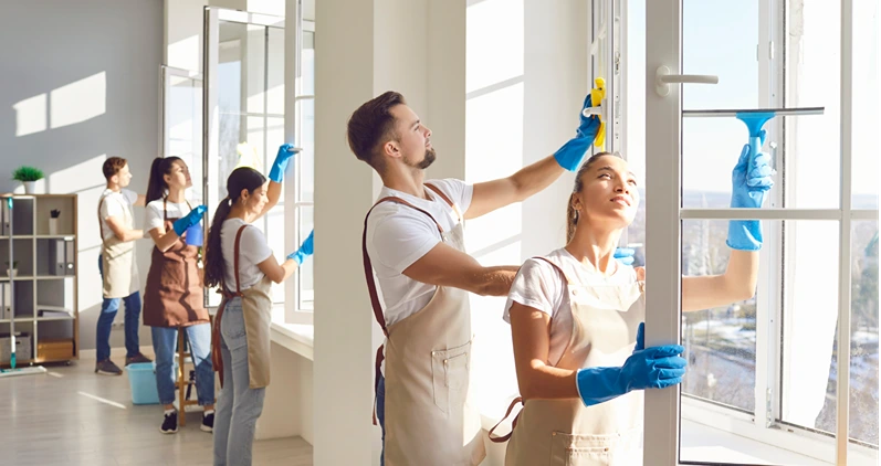 Cleaner group window washing with squeegee, working, professional janitor service busy completing cleaning tasks at home, office. People employed to take care of room, company maintaining washing