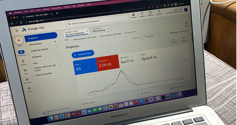Yogyakarta, Indonesia – August 15 2023: A laptop screen displaying the Google Ads dashboard with campaign performance metrics and charts, used for digital marketing and online advertising analysis.