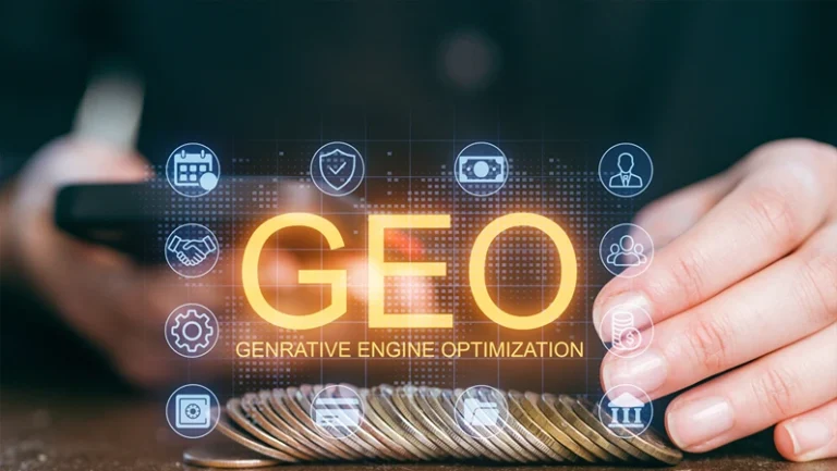 Hands holding a smartphone above a stack of coins, showing a digital display featuring generative engine optimization icons in a professional setting, highlighting financial themes.