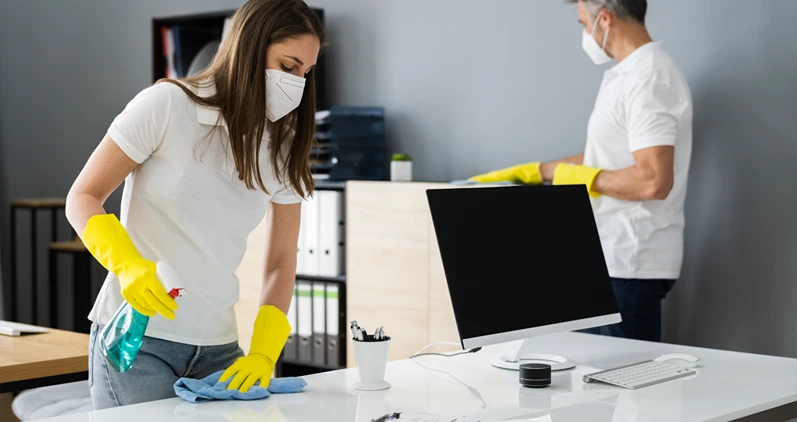 Cleaning Service Janitor Cleaner With Mop In Face Mask