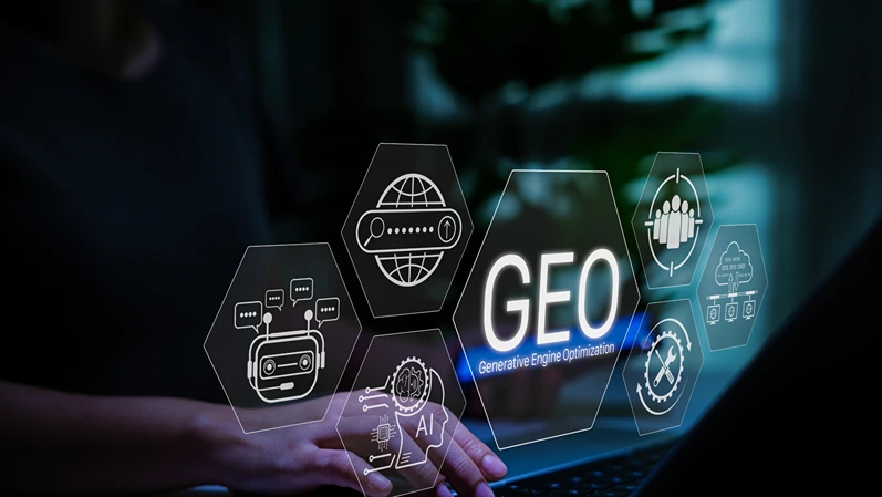 Generative Engine Optimization (GEO) concept with AI icons and chatbot interface, illustrating modern digital marketing and search engine strategies powered by artificial intelligence. AI search,