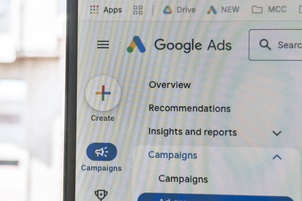 Google Ads interface, navigation menu, overview and campaigns