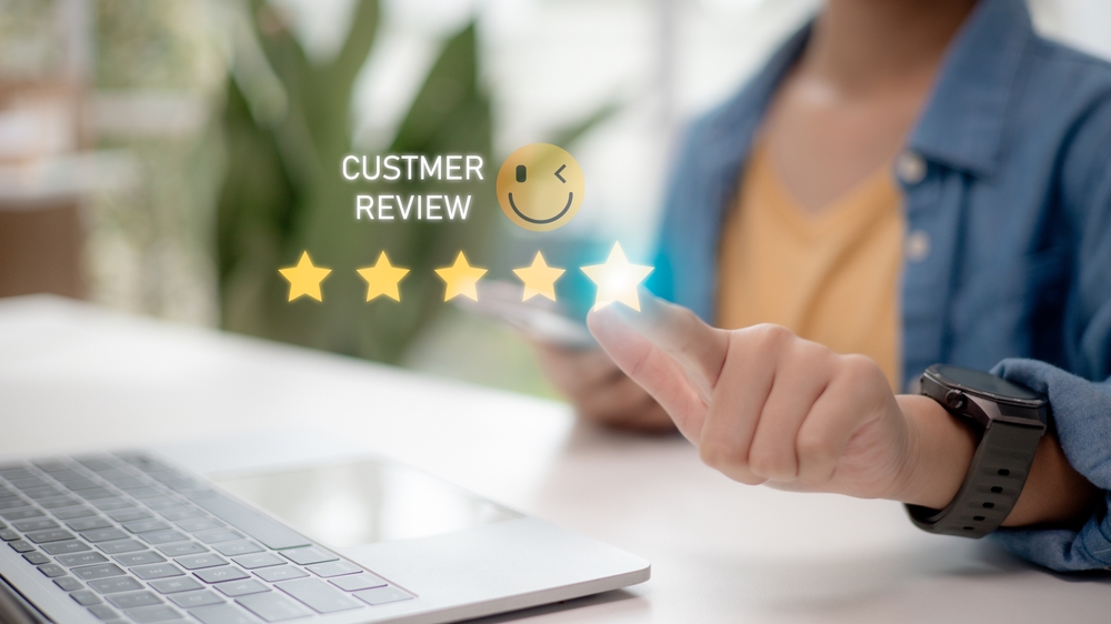 Customer review and online service rating with five star feedback concept