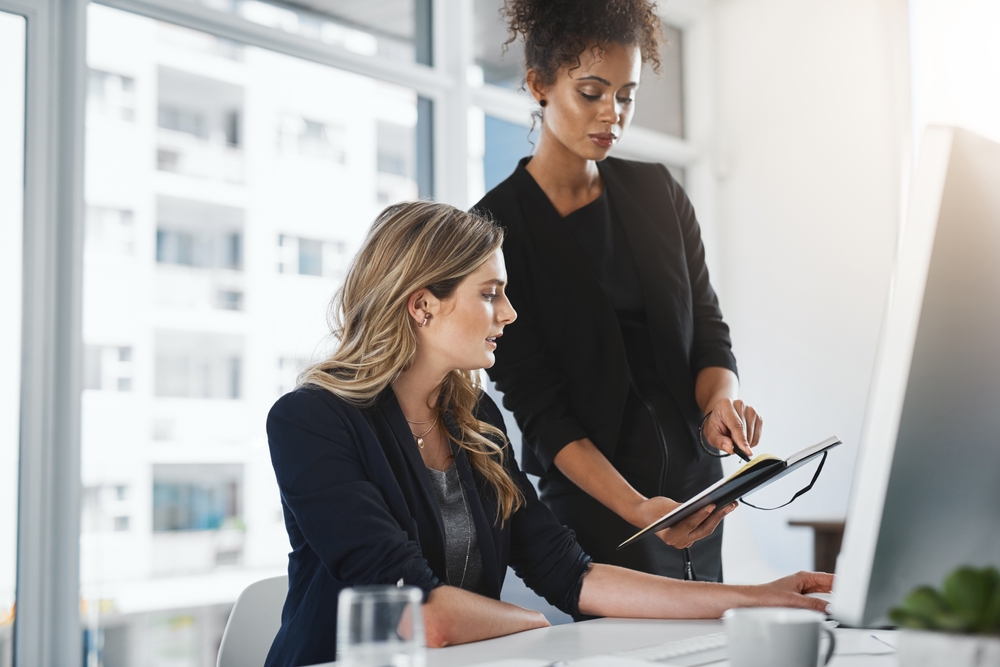 Office, tablet and business women on computer for online research
