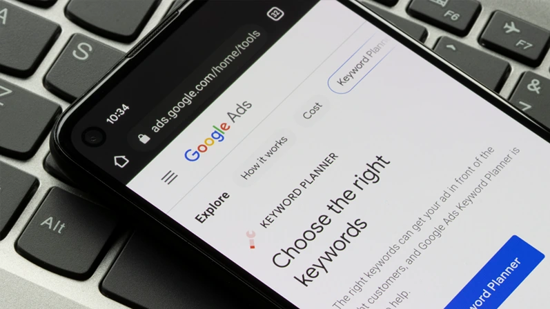 Portland, OR, USA - Feb 21, 2022: Webpage of Google Ads Keyword Planner is seen on a Google Pixel smartphone. Keyword Planner is a feature within Google Ads for building strong key word lists.