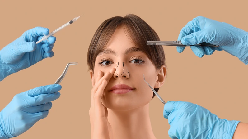 Beautiful young woman before plastic surgery and hands with surgeon's tools on beige background