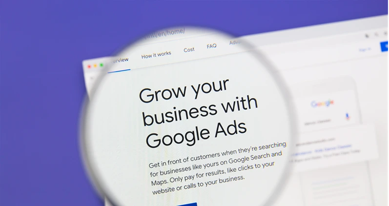 Ostersund, Sweden - October 7, 2020 Google Ads website under a magnifying glass. Google Ads is an online advertising platform developed by Google.