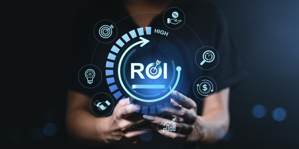 ROI return on investment interface with glowing digital icons representing business growth concept