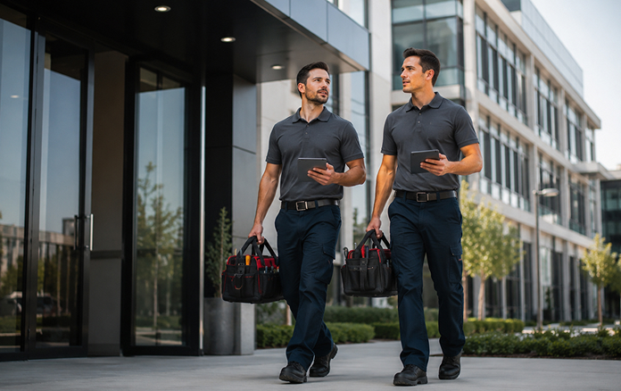 two men walking with bag and tablet talking