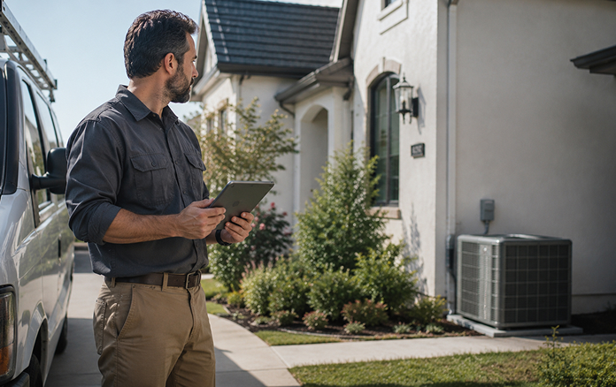 man with a tablet outside a property