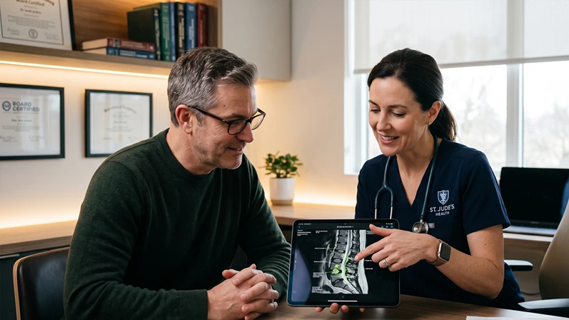 A surgeon reviewing a digital tablet with a patient in a modern consultation room, warm professional lighting, both engaged — no text overlay