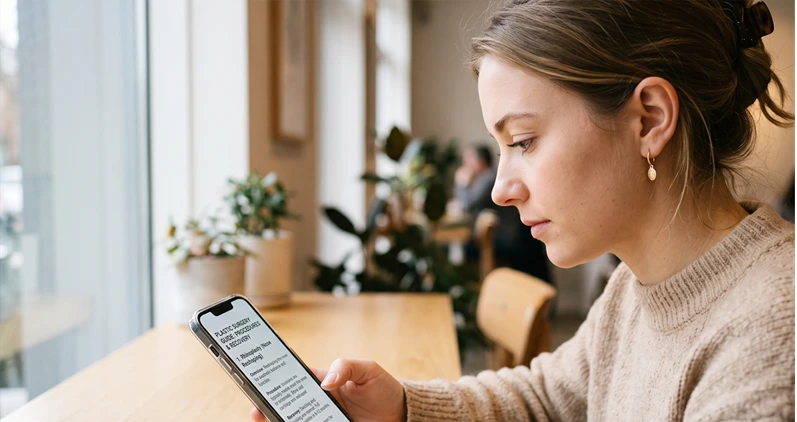 Close-up of a person reading a plastic surgery procedure guide on a smartphone, soft natural light, clean modern aesthetic — no text overlay