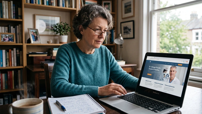 A potential patient seated at a desk reviewing a surgeon's website on a laptop, notes nearby, natural home office lighting — no text overlay