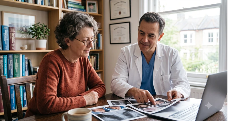 A surgeon and patient in a bright consultation room reviewing photos together, professional and warm atmosphere — no text overlay