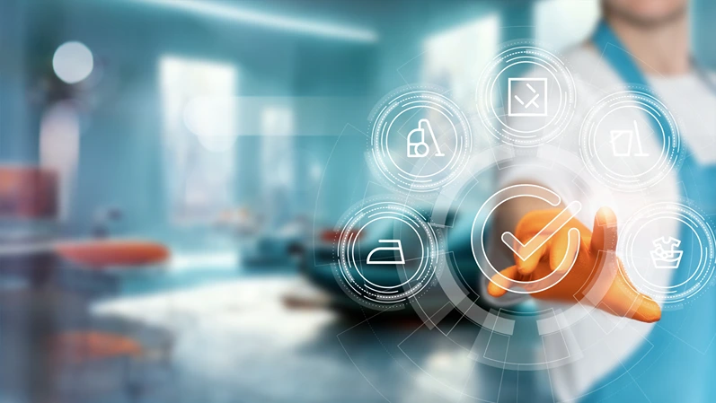 The concept of quality cleaning. Cleaning lady clicks on an icon on a virtual computer screen.