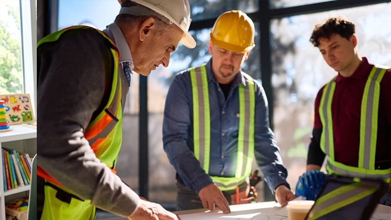Senior building contractor analyzing blueprints with workers at construction site.