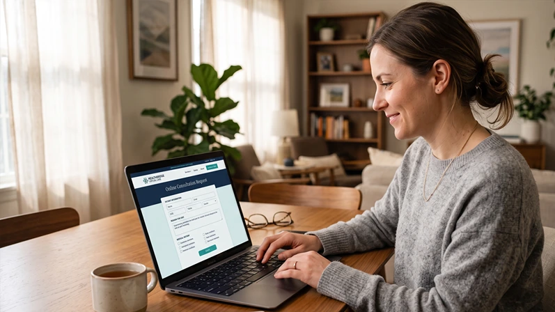 A woman using a laptop to fill out an online consultation form on a clean, premium medical website, soft home lighting — no text overlay