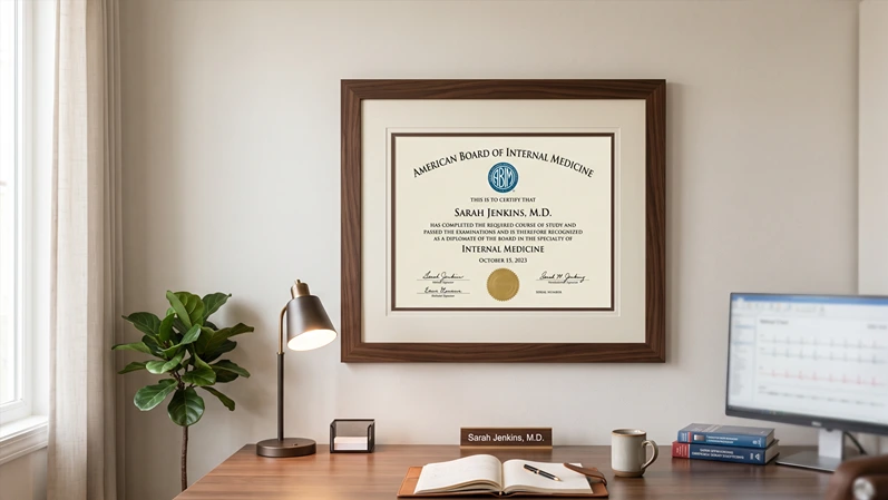 A professionally framed board certification certificate on a clean office wall behind a desk, soft ambient lighting — no text overlay