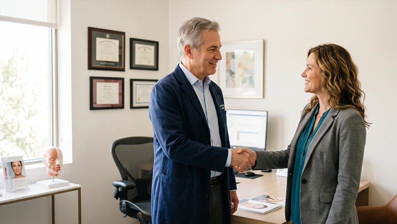 A plastic surgeon shaking hands with a patient in a professional consultation room, both relaxed and confident, warm natural lighting — no text overlay