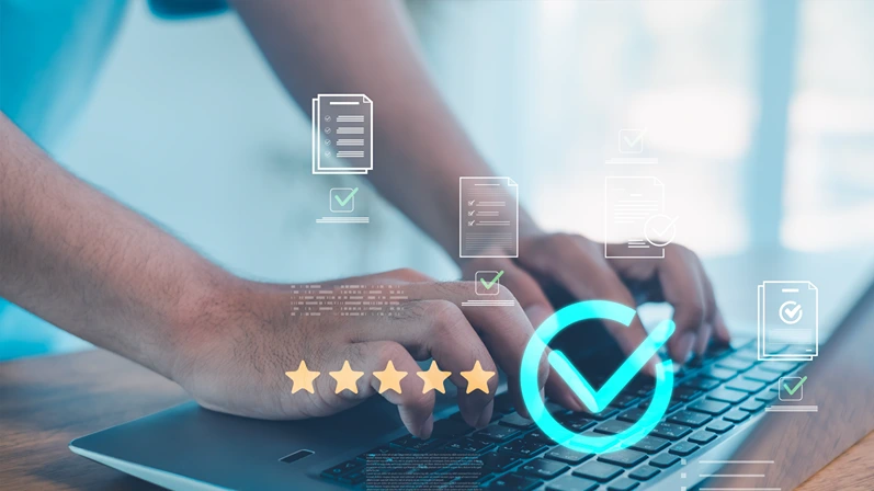 Customer satisfaction concept with online feedback, five star rating, quality assurance, user review, and digital evaluation system on laptop interface in modern business environment.