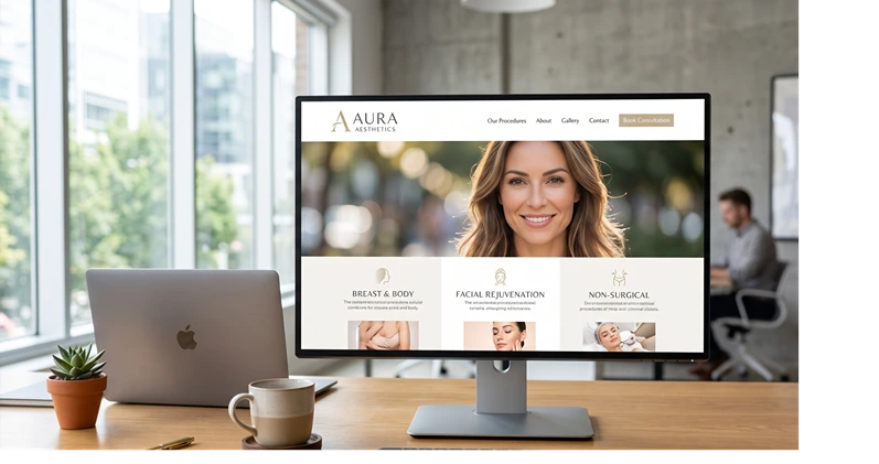 A beautifully designed plastic surgery website displayed on a large desktop monitor in a modern office, clean and minimal UI visible — no text overlay