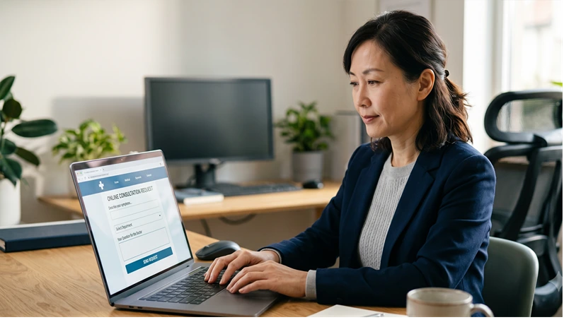 A woman at a desk typing a consultation request into a clean, professional medical website on a laptop, calm and focused expression — no text overlay