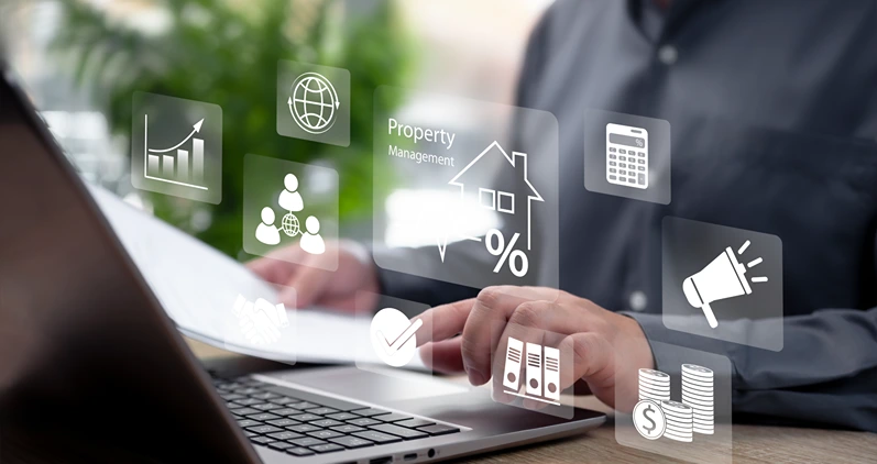 Property Management Concept, Businessman Managing Real Estate Assets, Rental Investment, Building Maintenance, Financial Plan, Tenant Services, Housing Market Strategy, Real Estate Development
