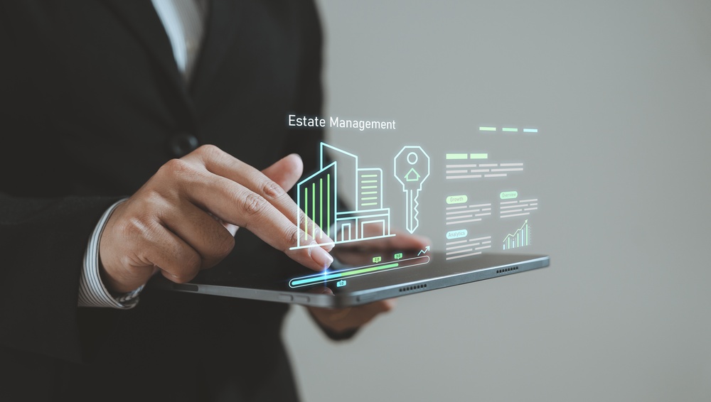 Smart real estate management concept businessman touching tablet
