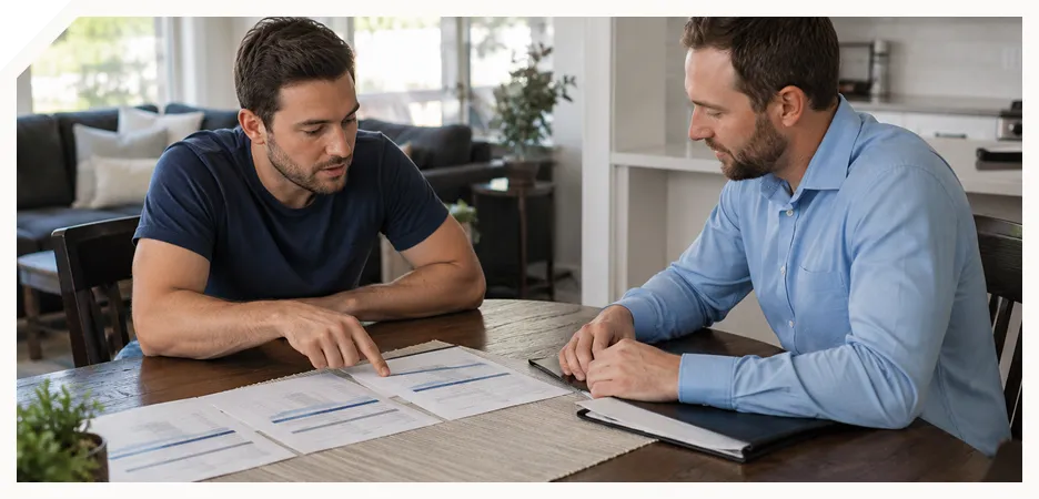 Two men on a desk discussing
